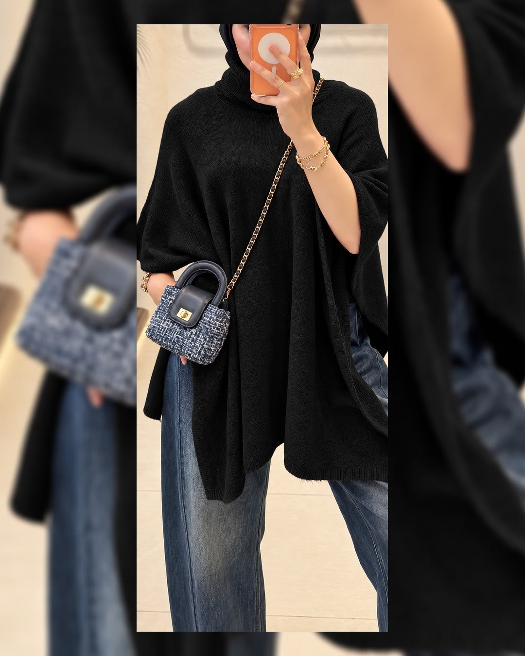 Cozy High-Neck Poncho - Black - front view