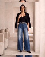 Trendy Medium Wash Denim + Belt - Denim - front view