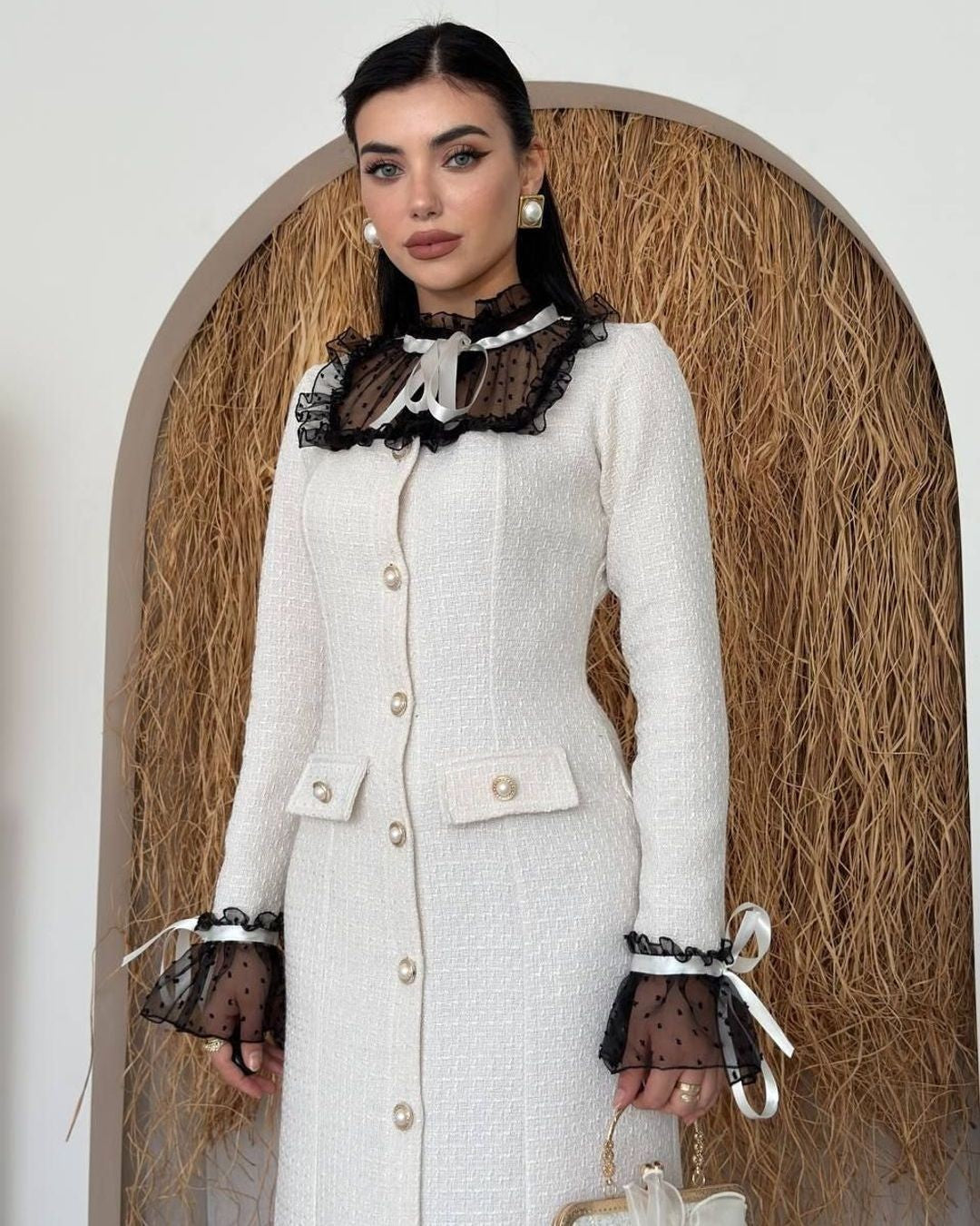 Tweed Lace Dress - Beige - front view