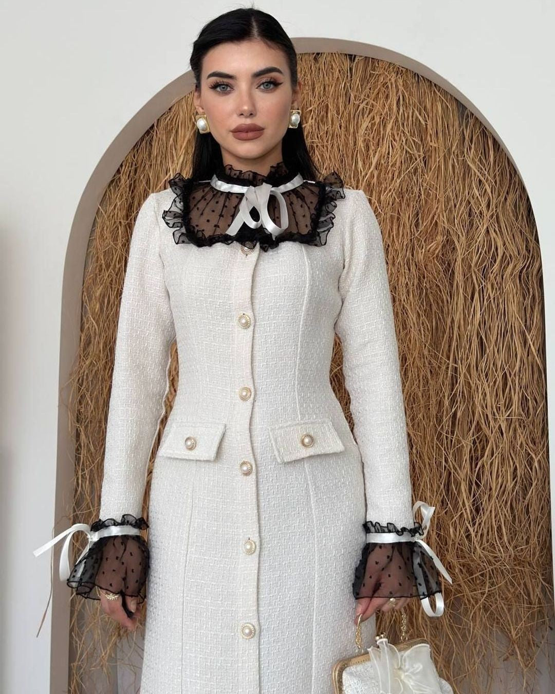 Tweed Lace Dress - Beige - front view