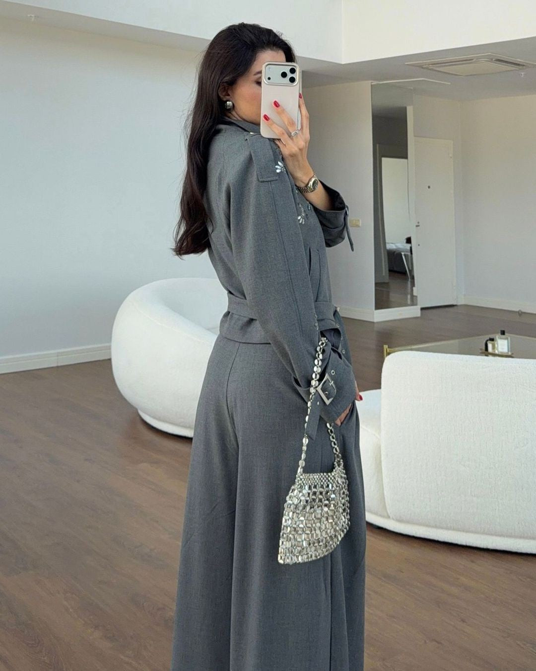 Two Piece Set + Belt - Grey - side view