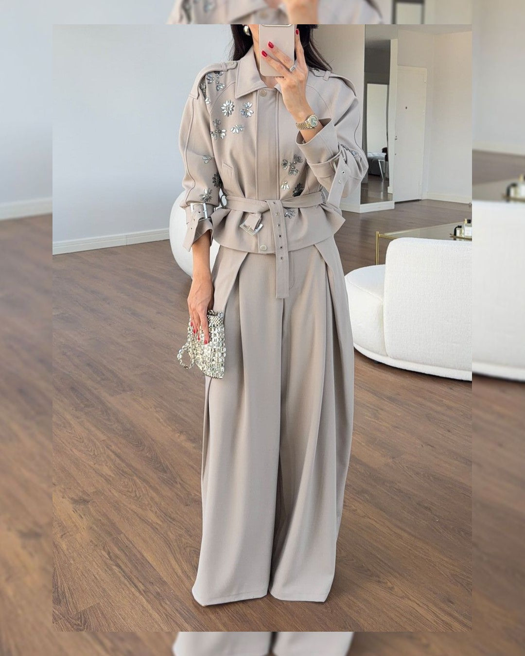 Two Piece Set + Belt - Beige - front view