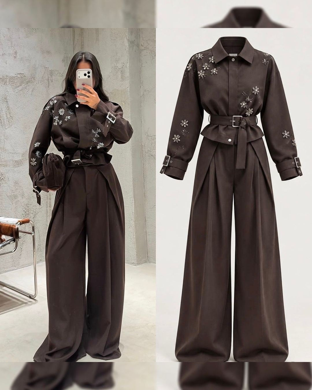 Two Piece Set + Belt - Brown - front view