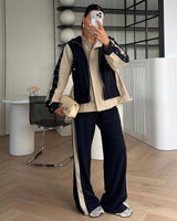 Contrast Panel Bomber & Wide-Leg Set - Navy - front view