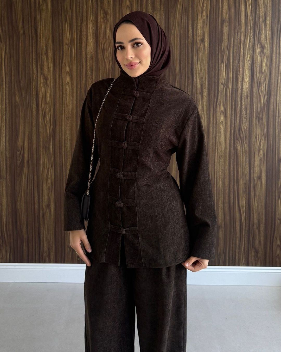 Textured Knot Button Luxe Set - Brown - front view