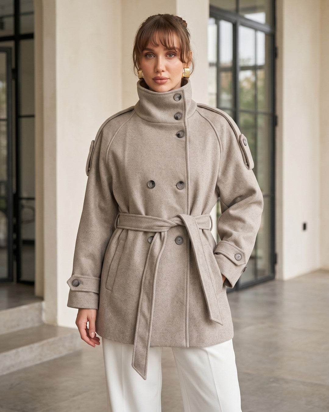 Vienna High-Neck Belted Coat + Belt - Beige - front view