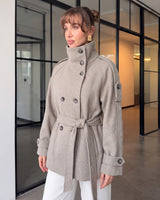Vienna High-Neck Belted Coat + Belt - Beige - three-quarter view