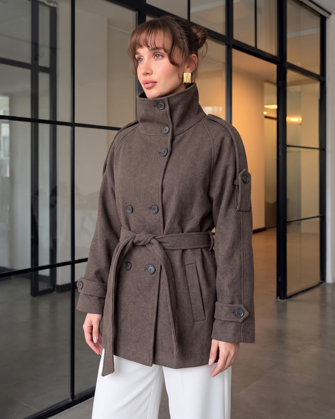 Vienna High-Neck Belted Coat + Belt - Brown - three-quarter view