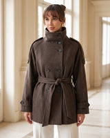 Vienna High-Neck Belted Coat + Belt - Brown - front view