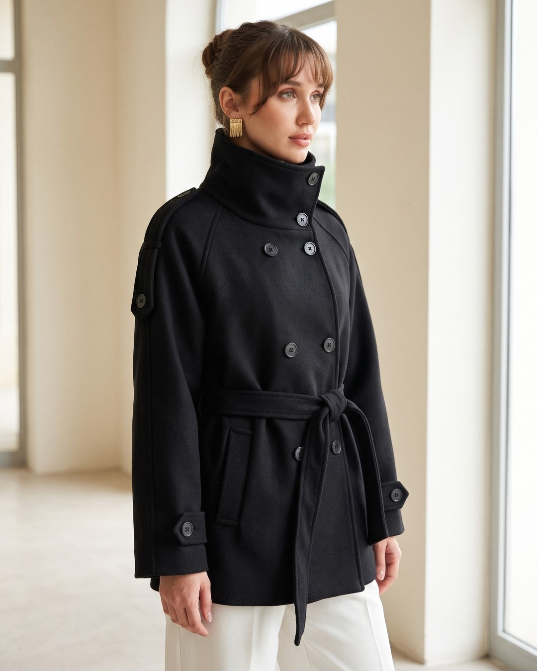 Vienna High-Neck Belted Coat + Belt - Black - three-quarter view
