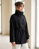 Vienna High-Neck Belted Coat + Belt - Black - three-quarter view