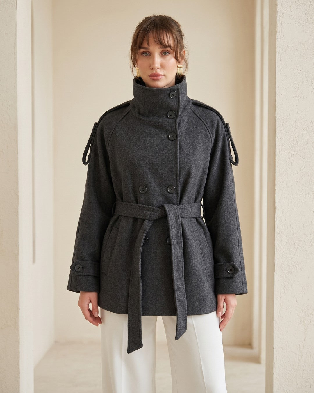 Vienna High-Neck Belted Coat + Belt - Dark Grey - front view