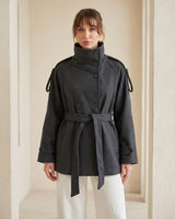 Vienna High-Neck Belted Coat + Belt - Dark Grey - front view