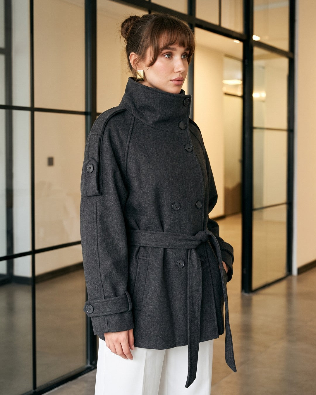 Vienna High-Neck Belted Coat + Belt - Dark Grey - three-quarter view