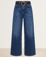 Wide Leg Belted Denim + Belt - Denim - front view