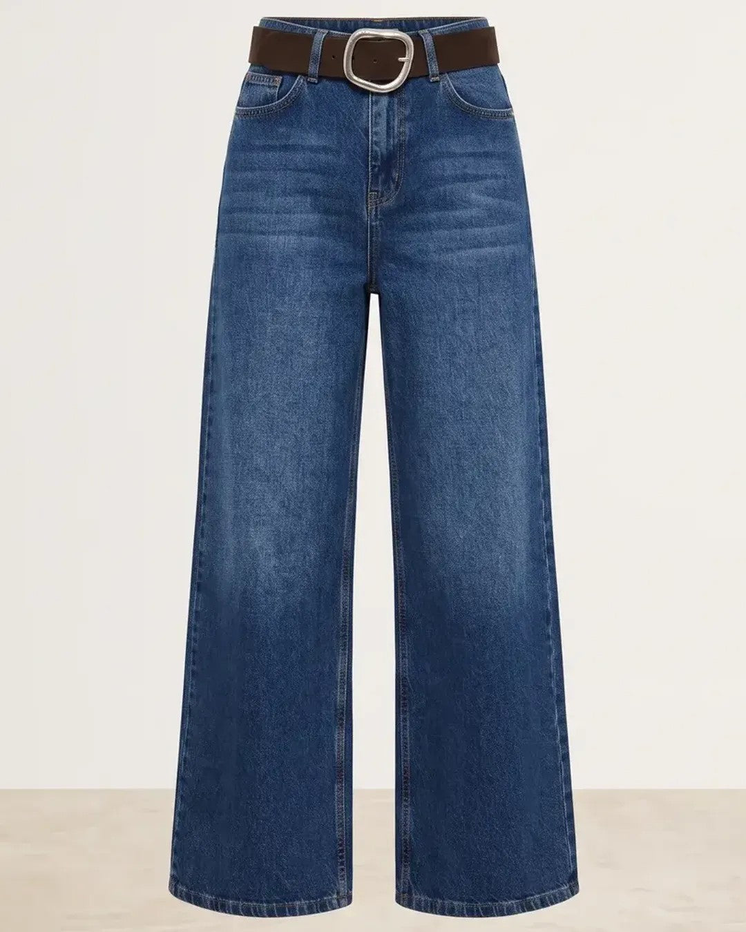 Wide Leg Belted Denim + Belt - Denim - front view