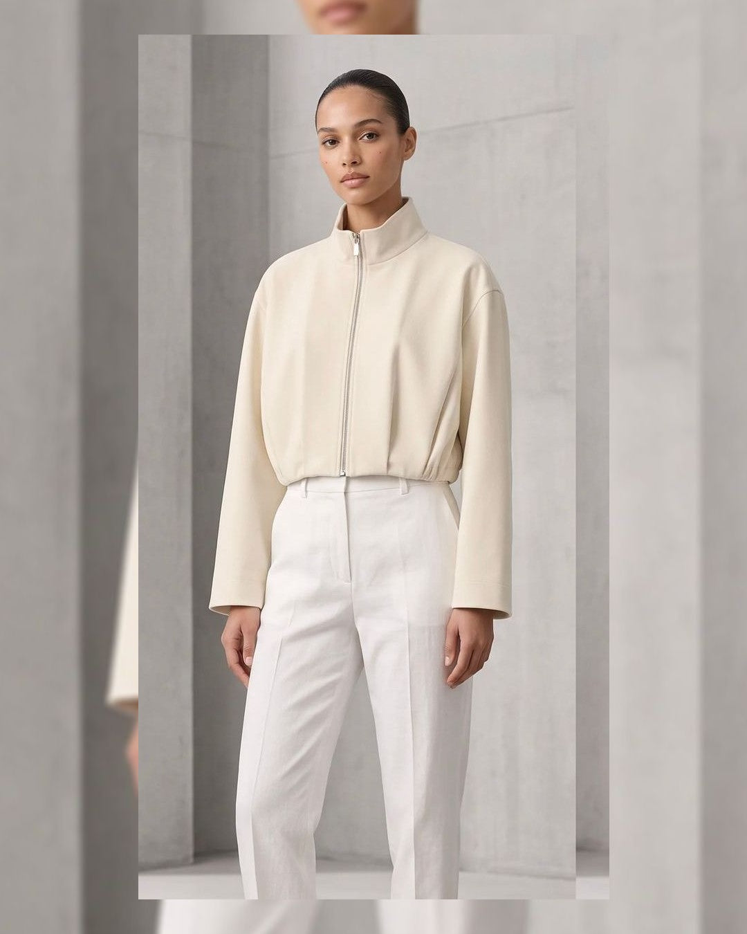 Zip Bomber Jacket - Beige - front view