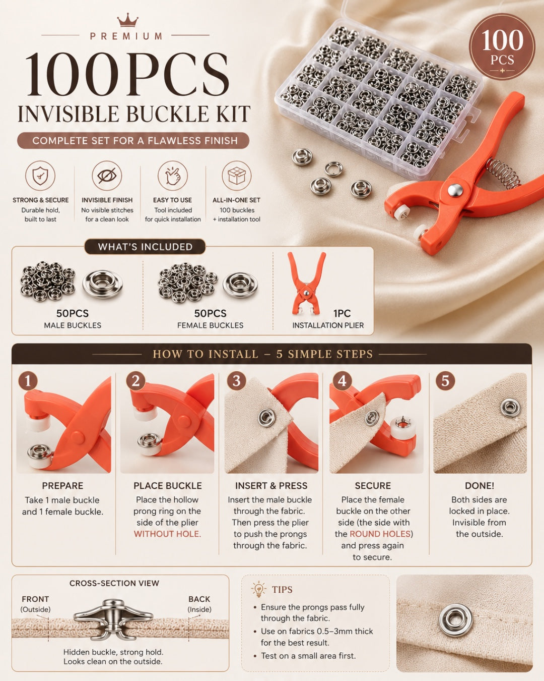 100 Pcs & Tool Invisible Buckle Kit