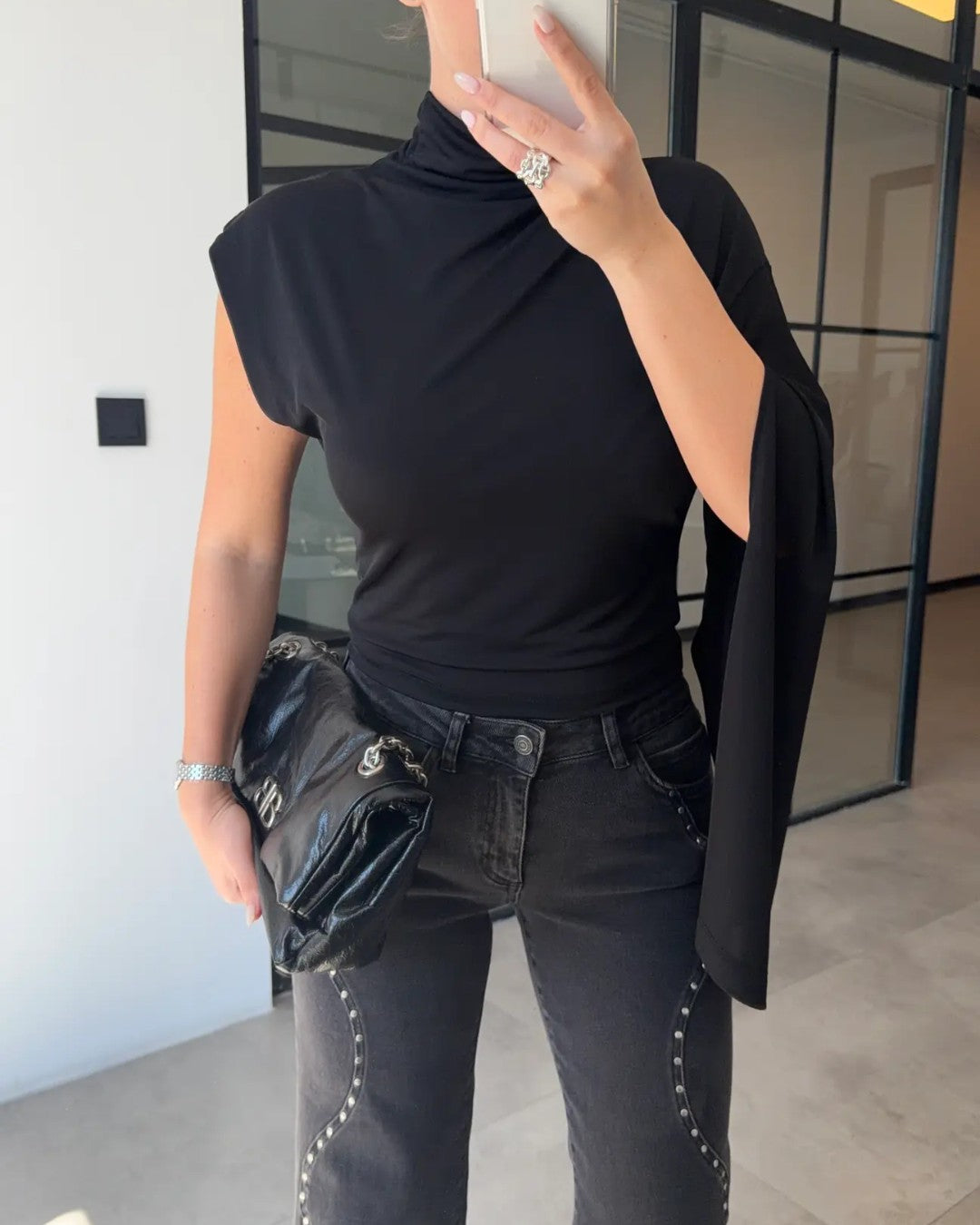Asymmetric Drape High-Neck Top