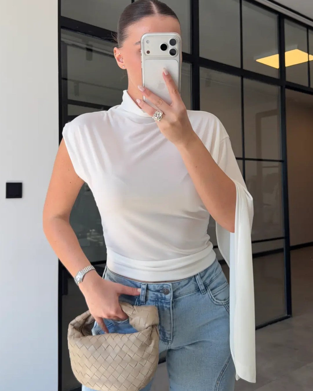 Asymmetric Drape High-Neck Top