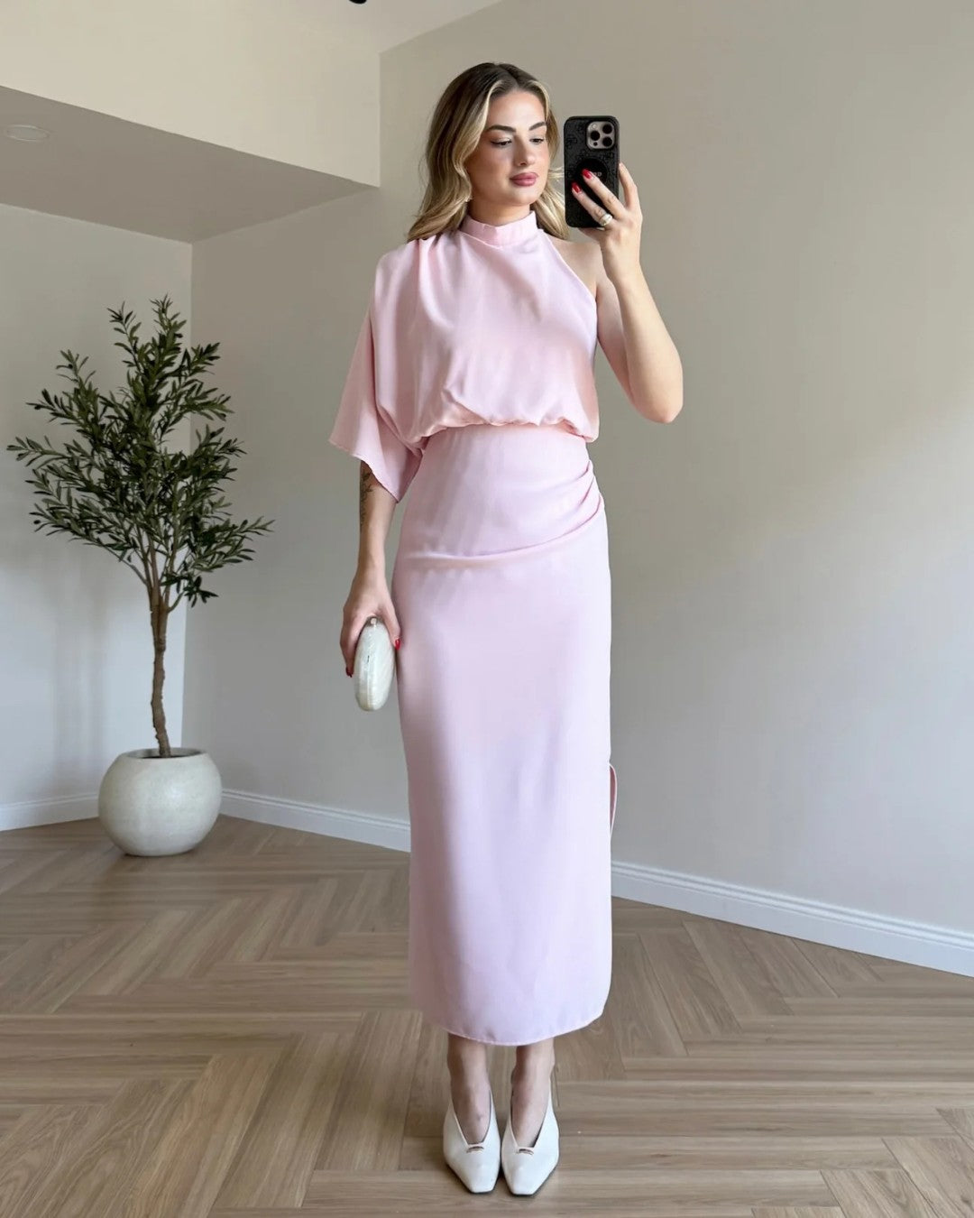 Asymmetric Draped Midi Dress