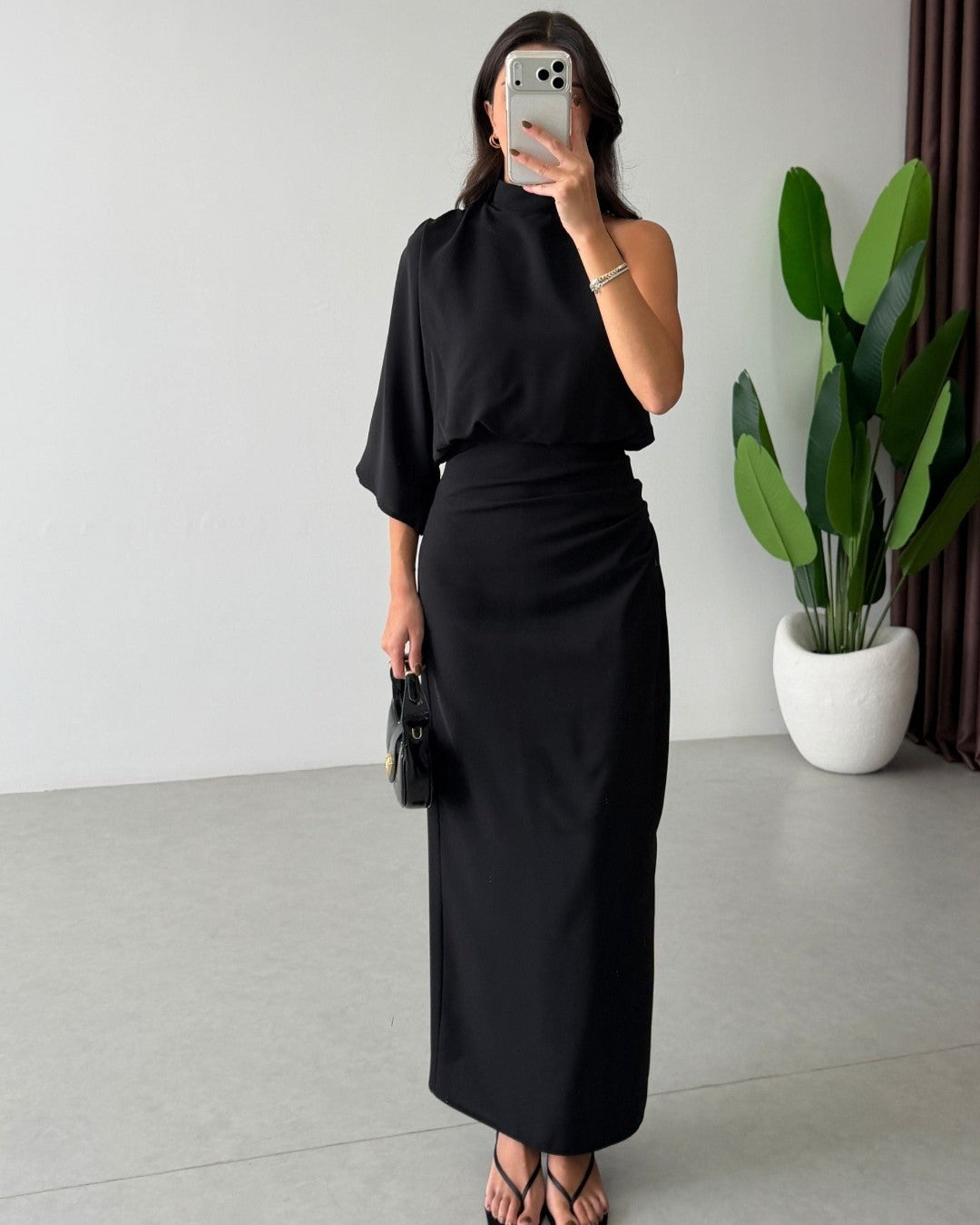 Asymmetric Draped Midi Dress
