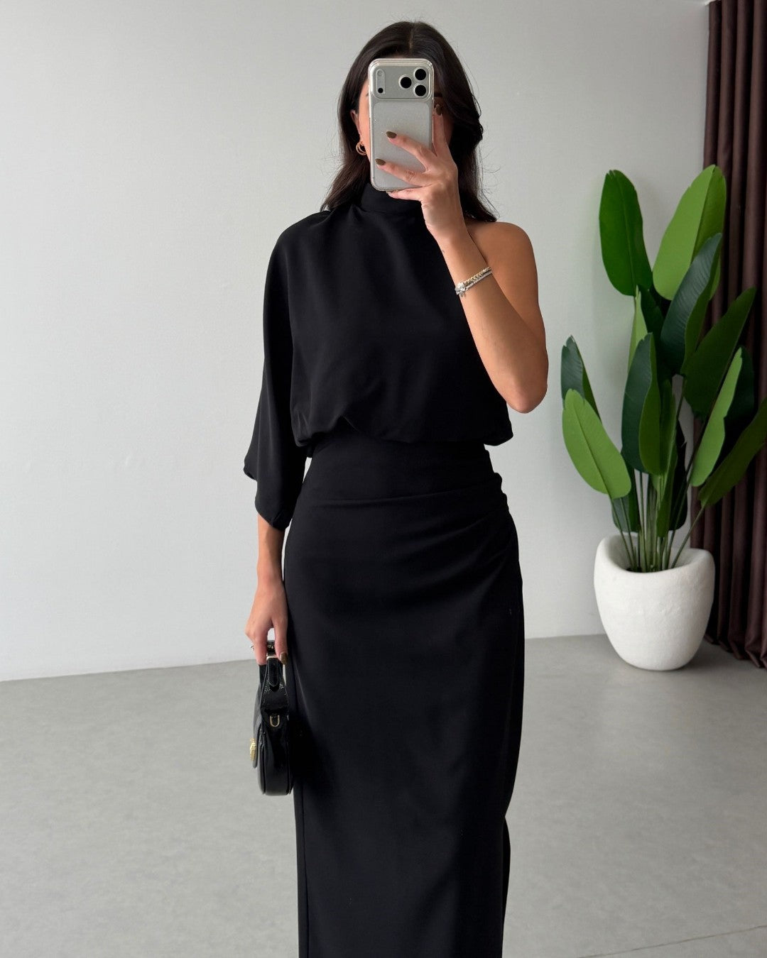 Asymmetric Draped Midi Dress