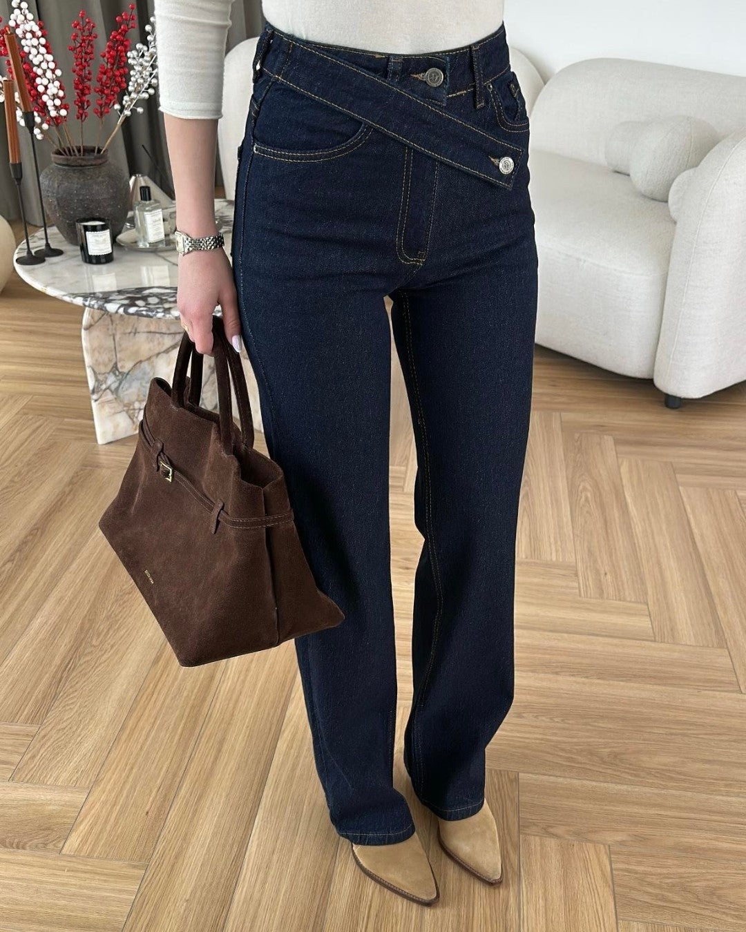 Asymmetric Waist Straight-Leg Denim