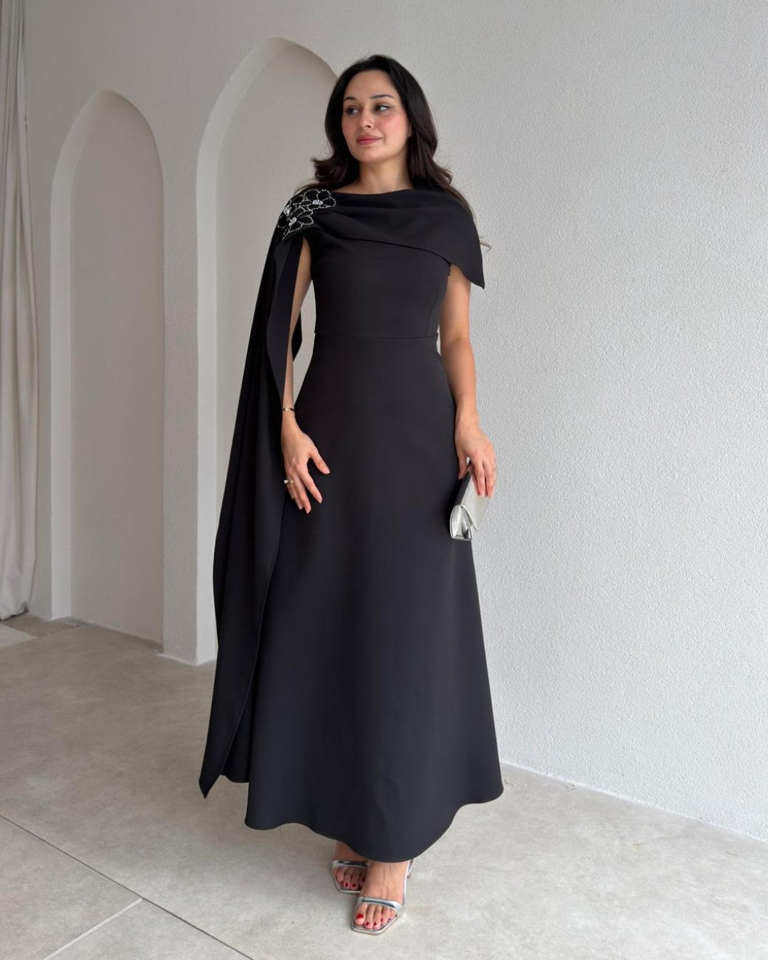 Beaded-Shoulder Cape Gown + Belt