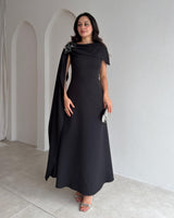 Beaded-Shoulder Cape Gown + Belt