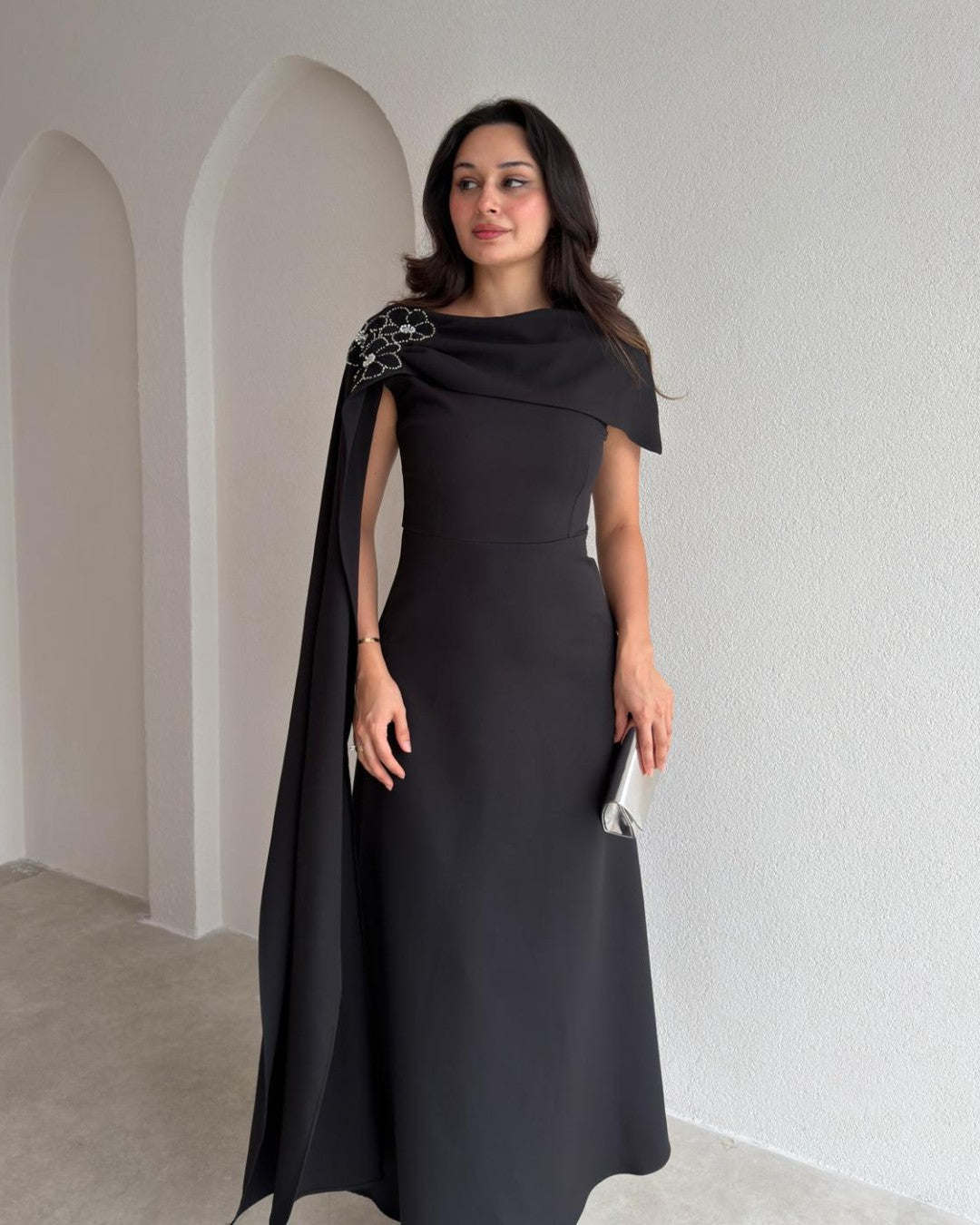Beaded-Shoulder Cape Gown + Belt