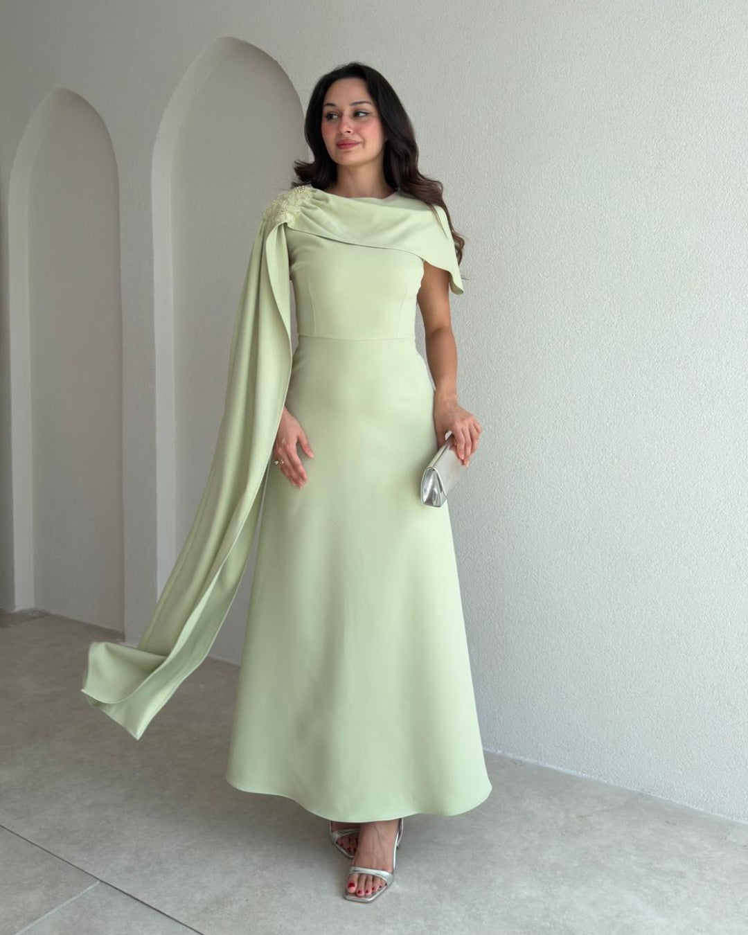 Beaded-Shoulder Cape Gown + Belt