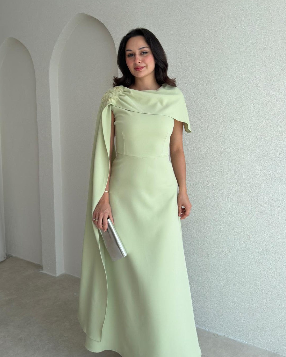 Beaded-Shoulder Cape Gown + Belt