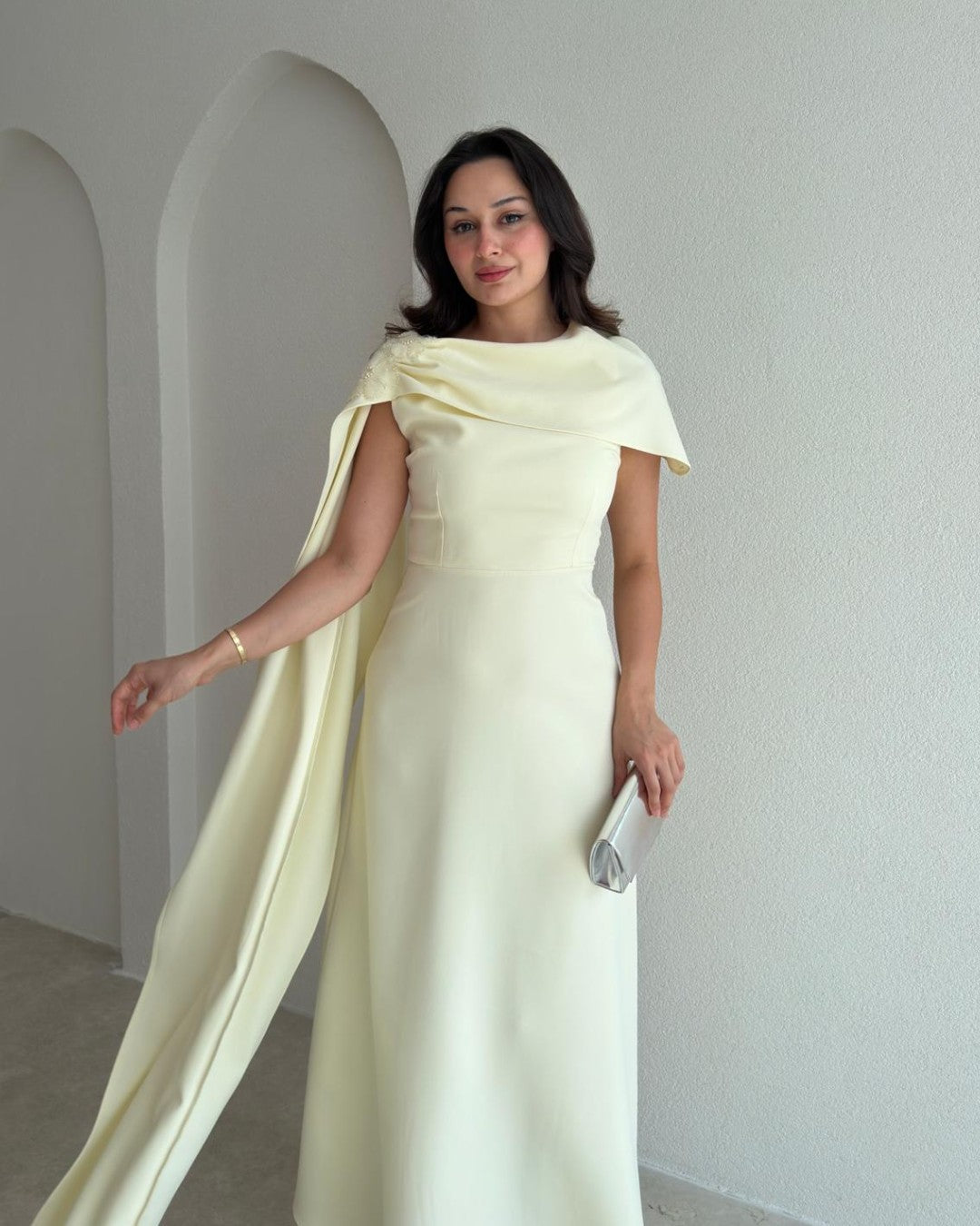 Beaded-Shoulder Cape Gown + Belt