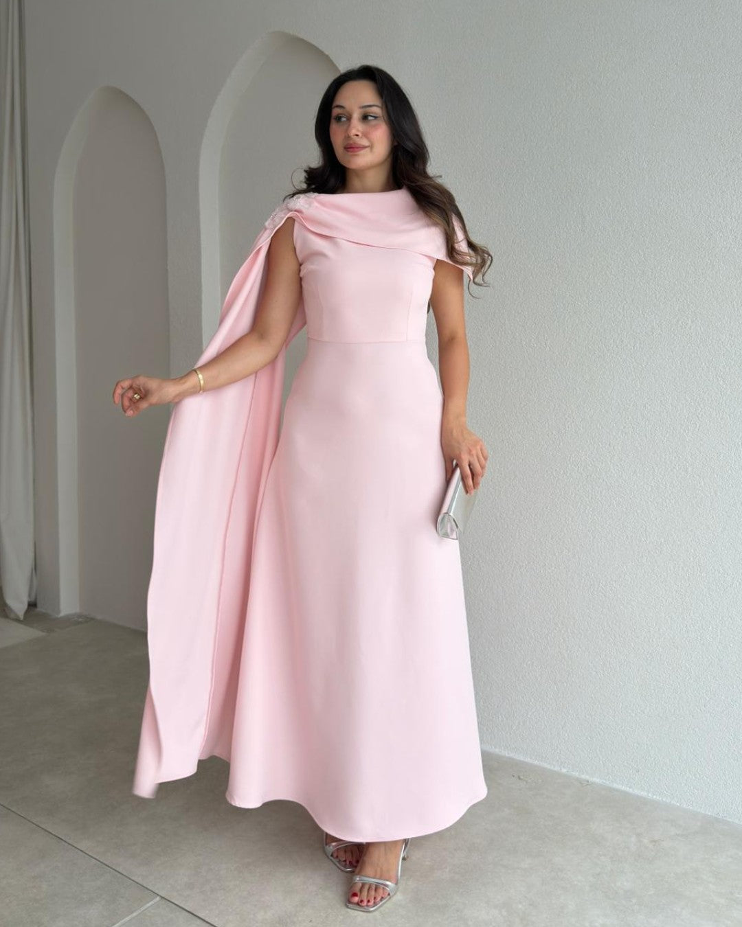 Beaded-Shoulder Cape Gown + Belt