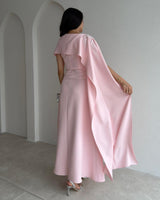 Beaded-Shoulder Cape Gown + Belt