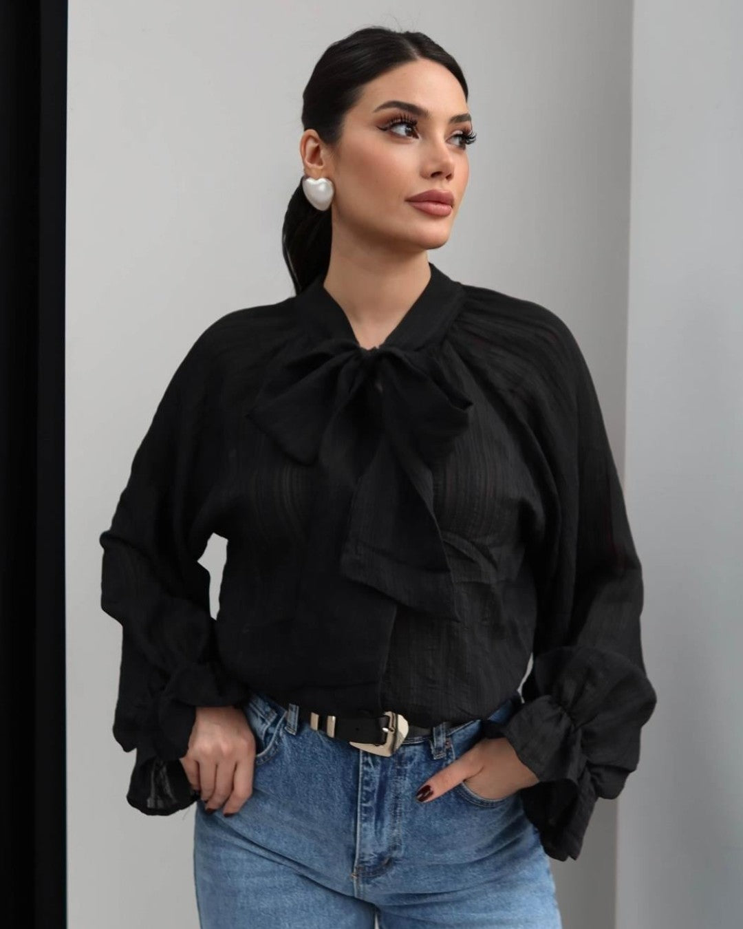 Bow-Tie Neck Ruffle Shirt