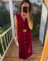 Burgundy Gold-Button Midi Dress + Belt