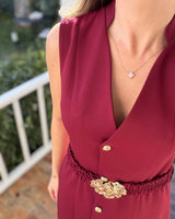 Burgundy Gold-Button Midi Dress + Belt