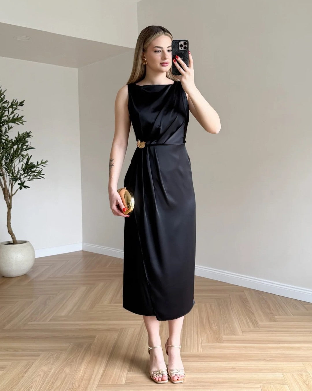 Butterfly Satin Midi Dress