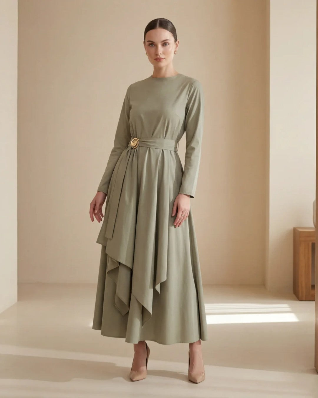 Contoured Waist Gold Detail Dress