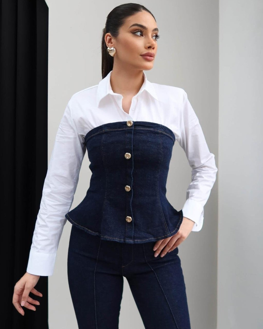 Denim Corset & Flare Pants Set