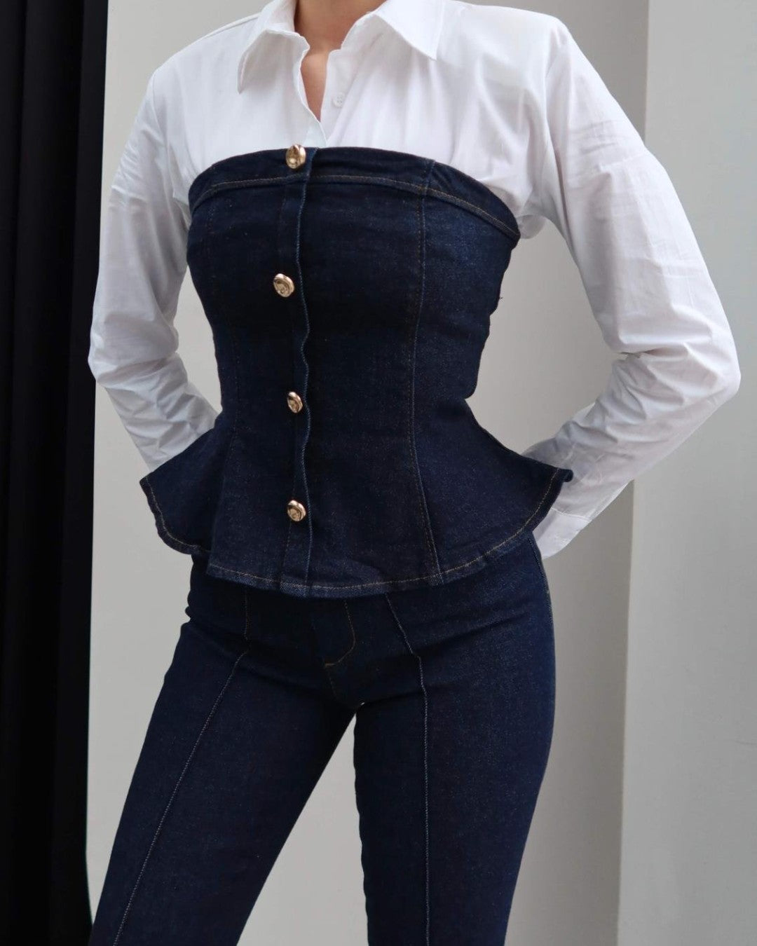Denim Corset & Flare Pants Set