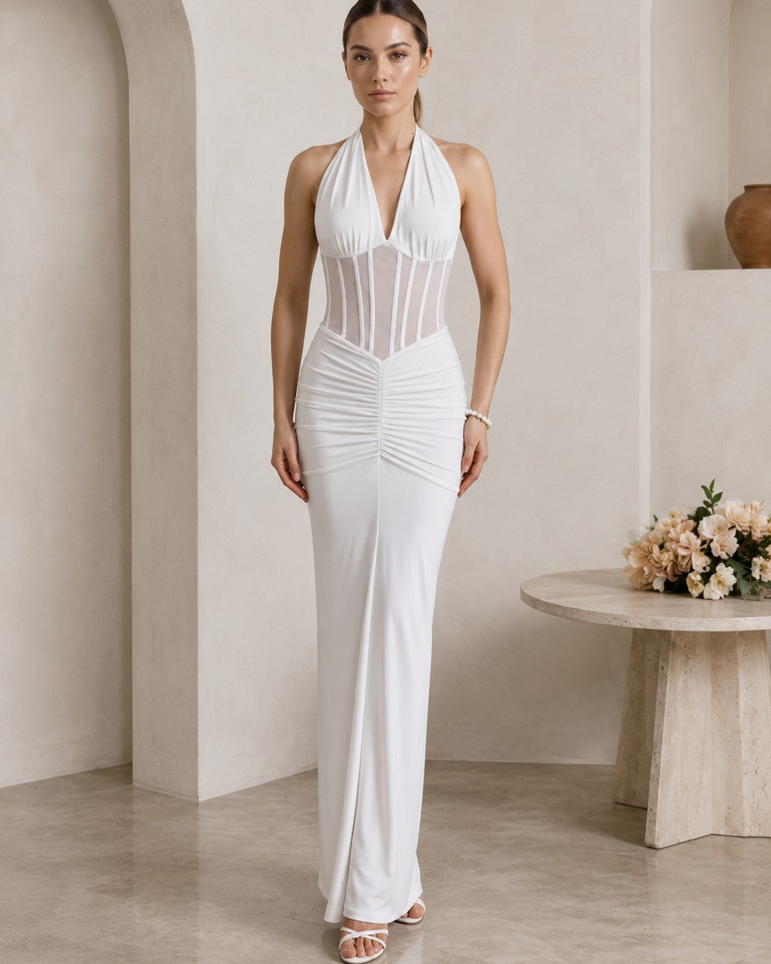 Draped Mesh Halter Dress