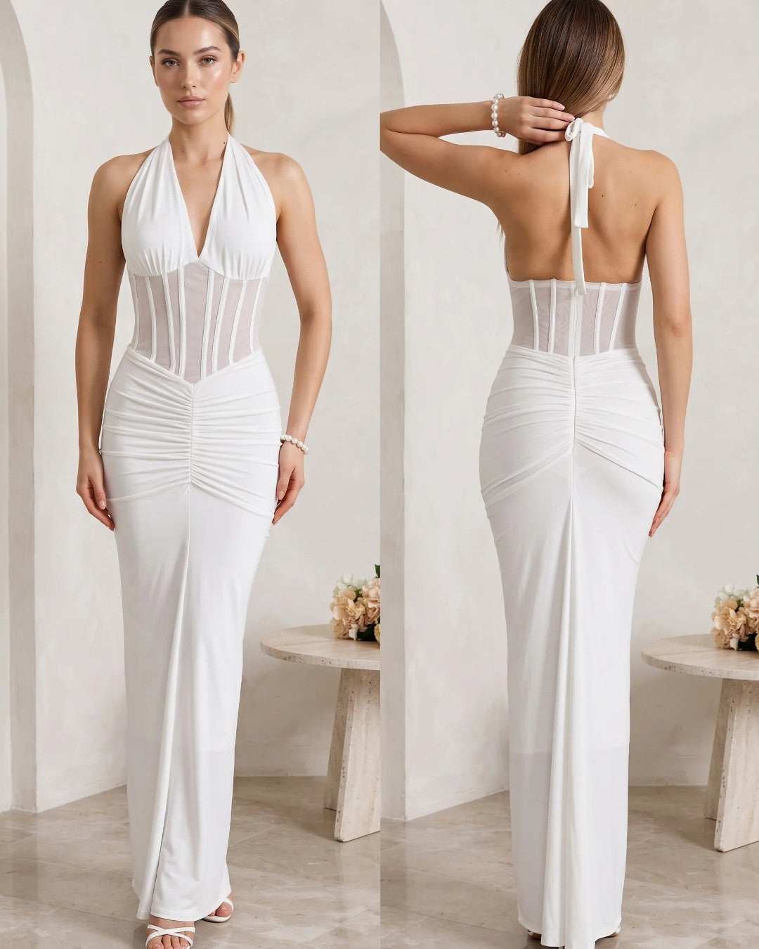 Draped Mesh Halter Dress