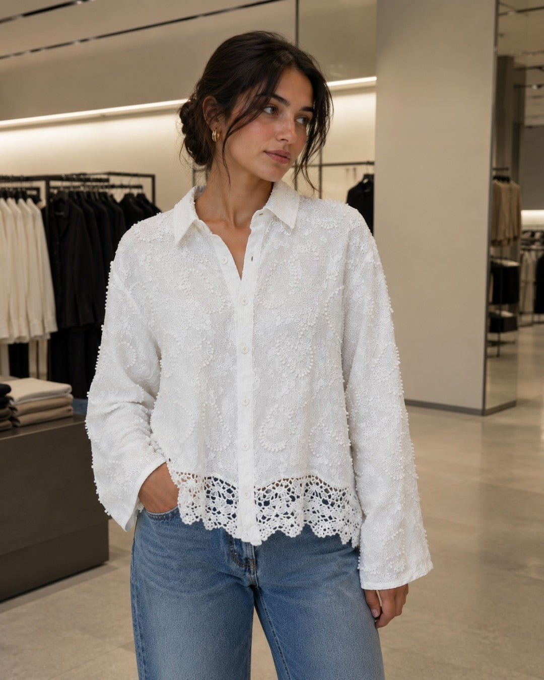 Embroidered Lace Button-Up
