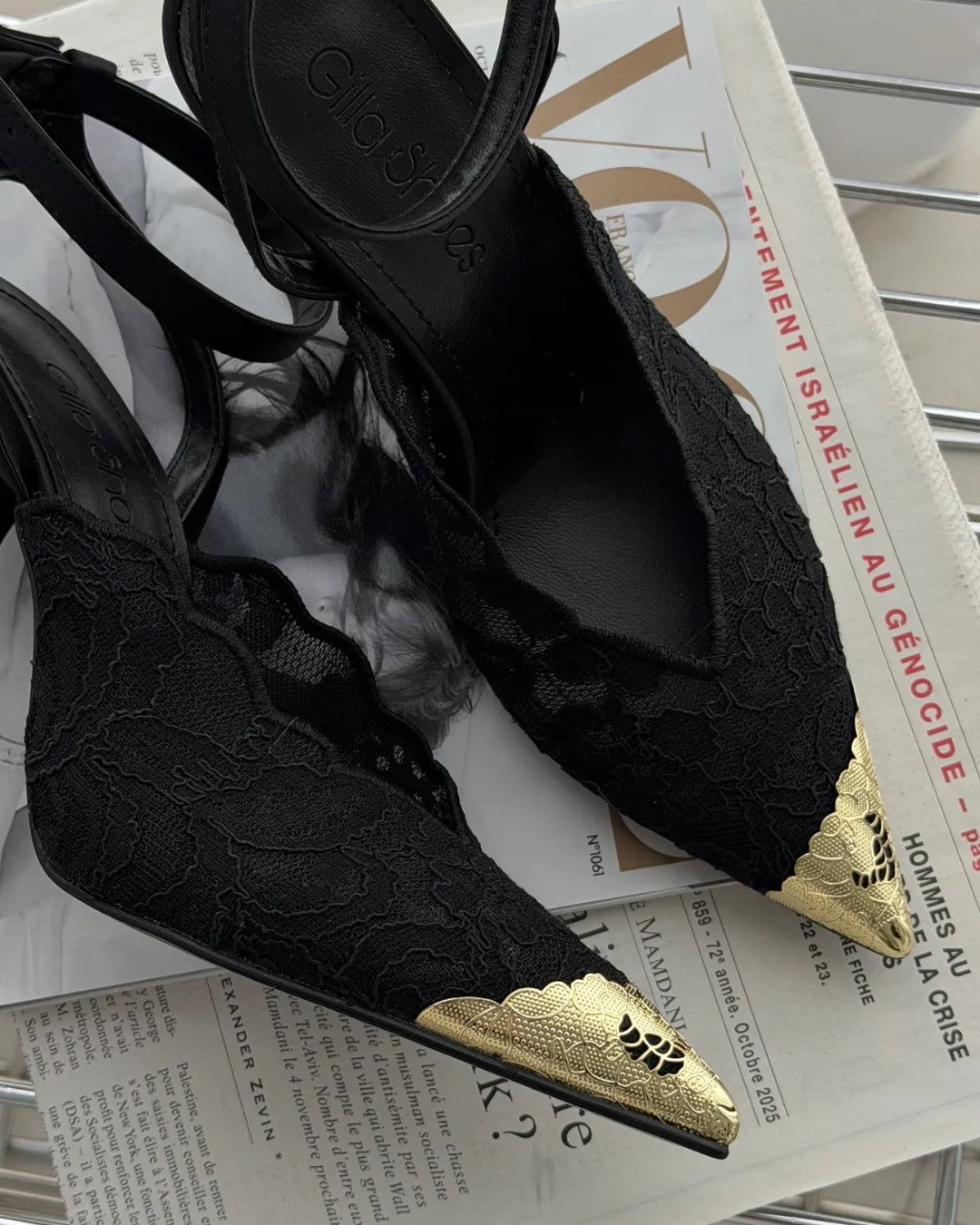 Faiz Inspired Lace Pumps With Metal Detail