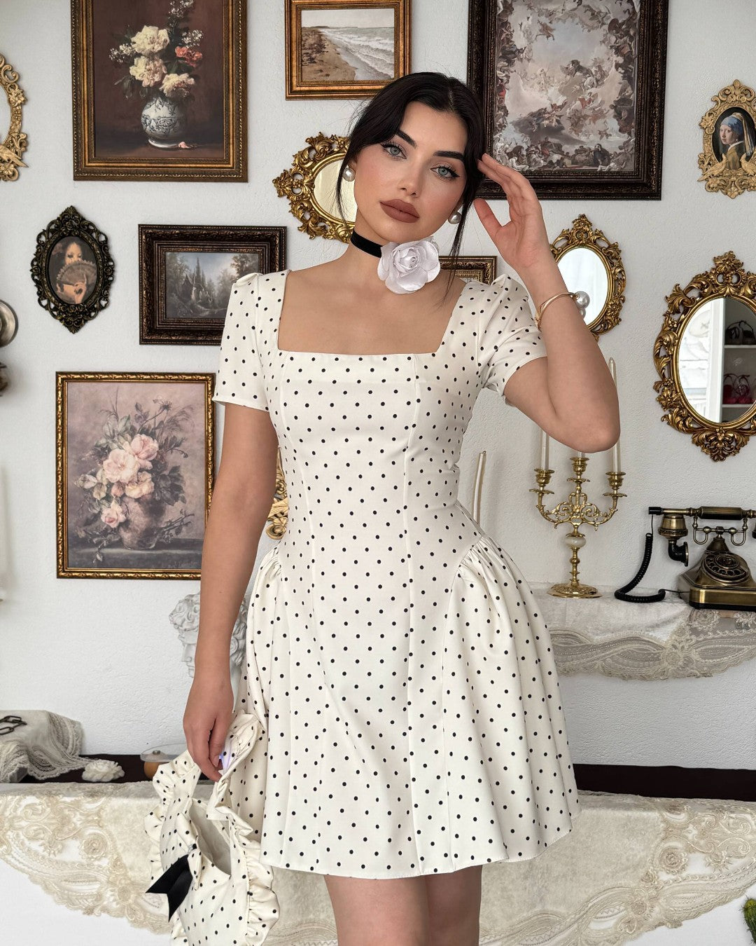 Flared Waist Polka Mini