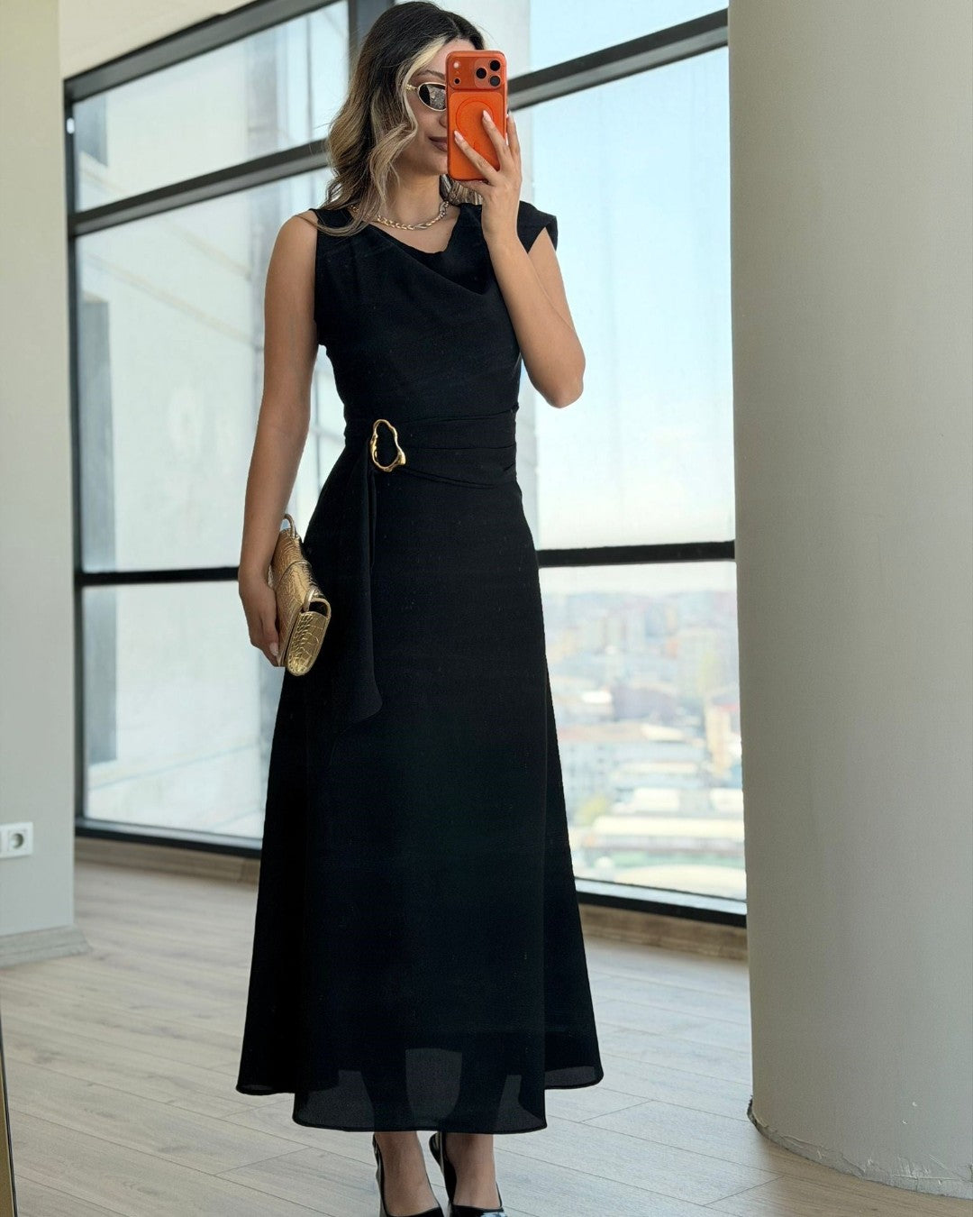 Gold Accent Midi Dress