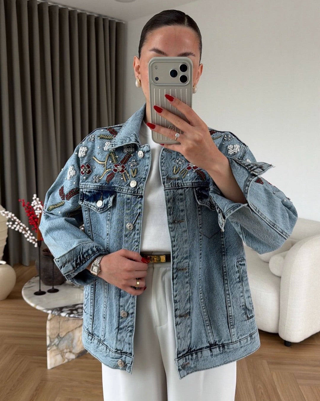 Jewel Detail Oversized Denim Jacket
